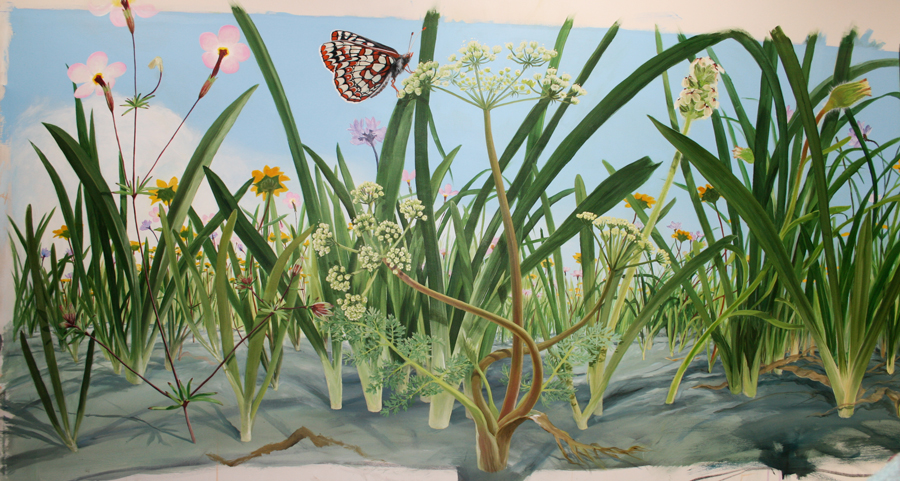 A portion of the serpentine flower mural prior to installation